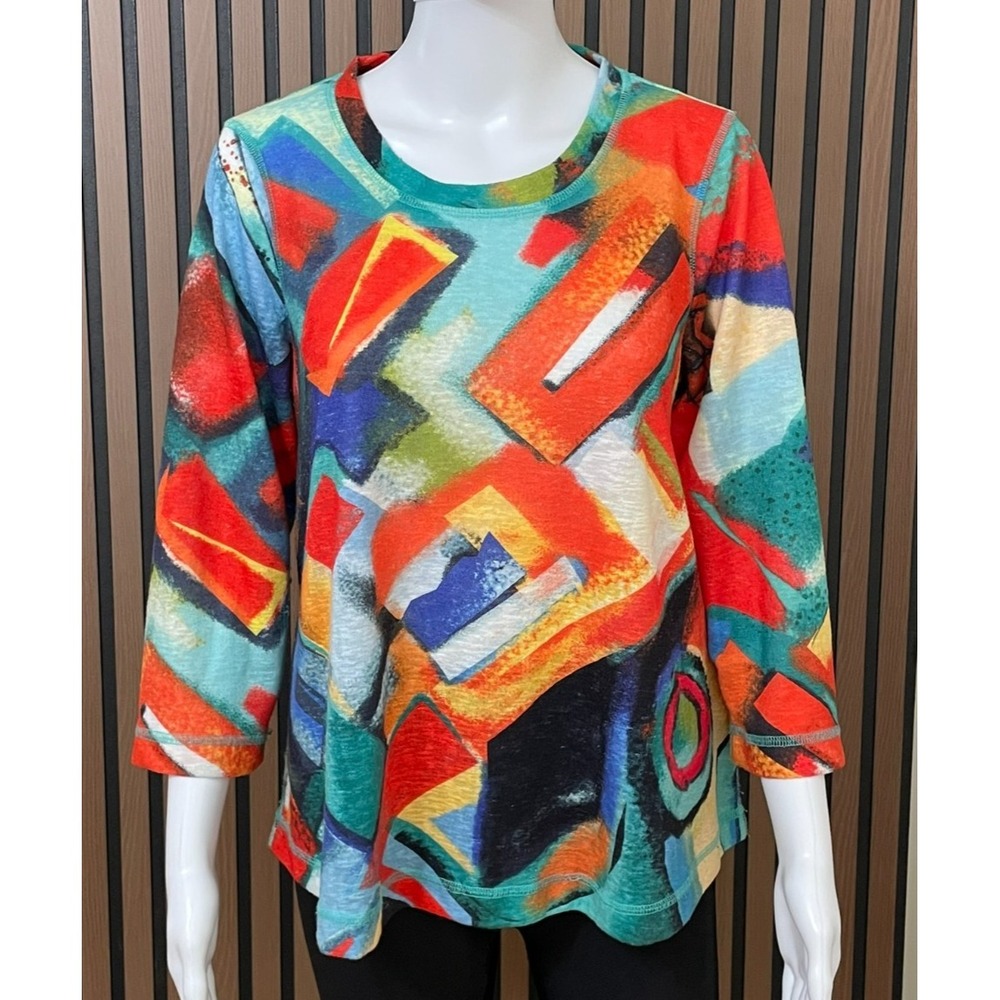 Ali Miles Women's PM Orange Blouse Polyester Tunic Abstract Artsy Boxy Oversized